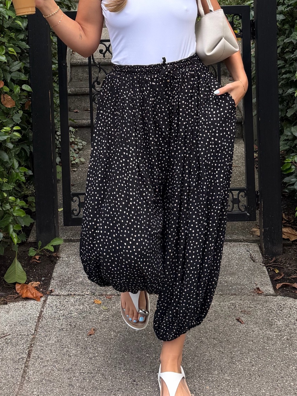 Girls' Black Polka Dot Elastic-Waist Harem Pants